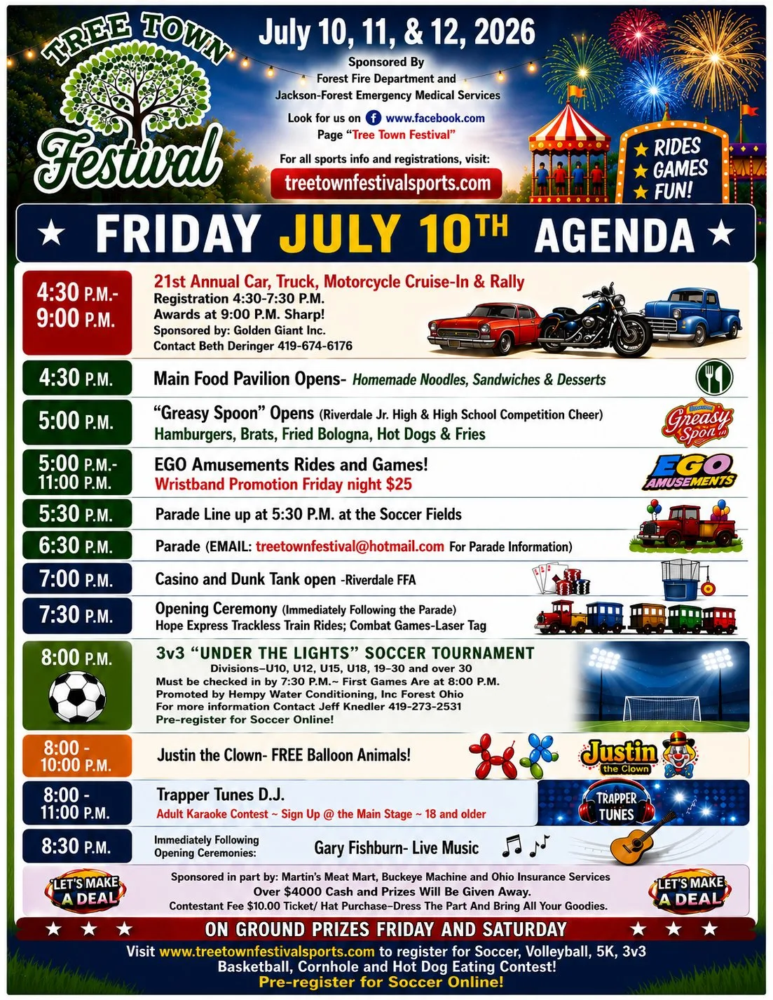 Tree Town Festival 2026 event schedule for Friday, July 10th.