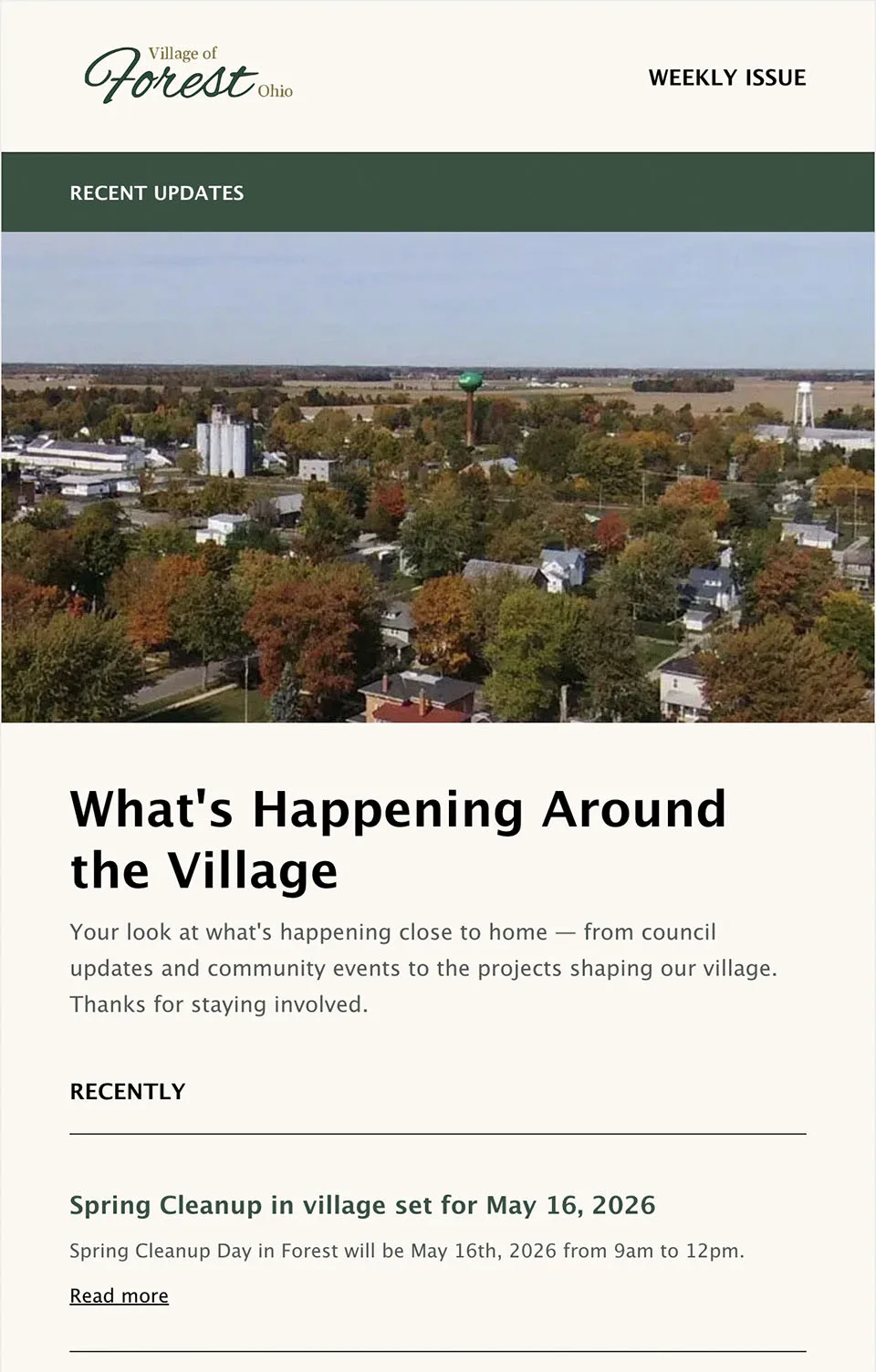 Mockup of the Village of Forest email newsletter